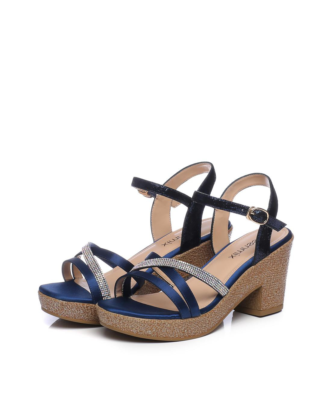 天美意2018夏新品深兰/兰色裂面猪皮革/纺织品钻饰多条带粗跟女凉鞋