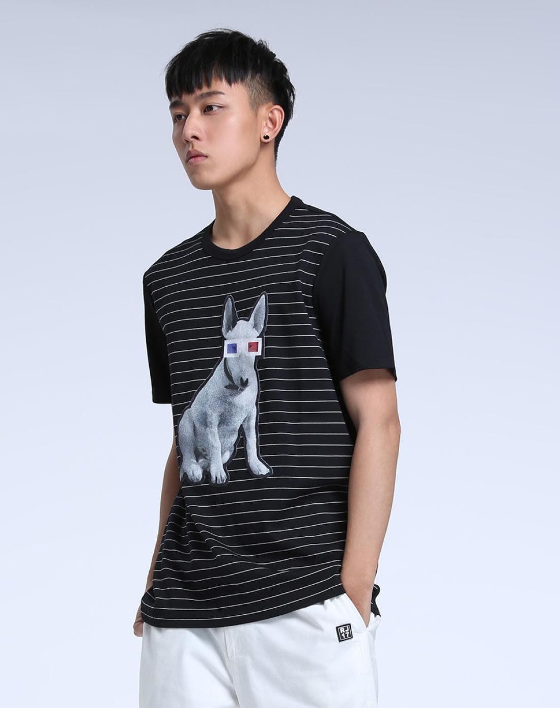 trendiano男装专场 条纹狗狗短袖圆领t恤黑白条