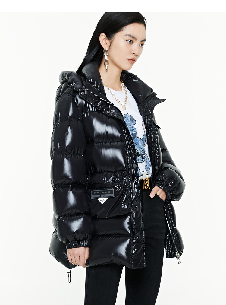 地素2020秋冬新款加厚保暖连帽亮面羽绒服外套