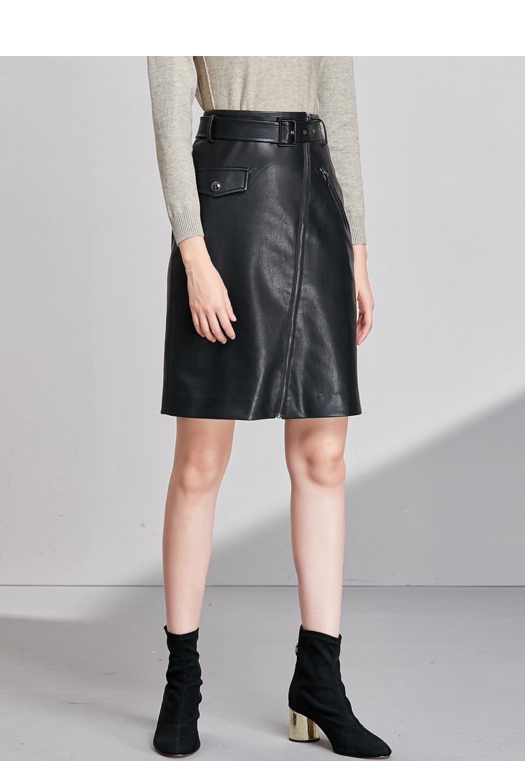 【2018秋季新款】时尚帅气腰带拉链皮裙休闲简约通勤高腰短裙子百搭