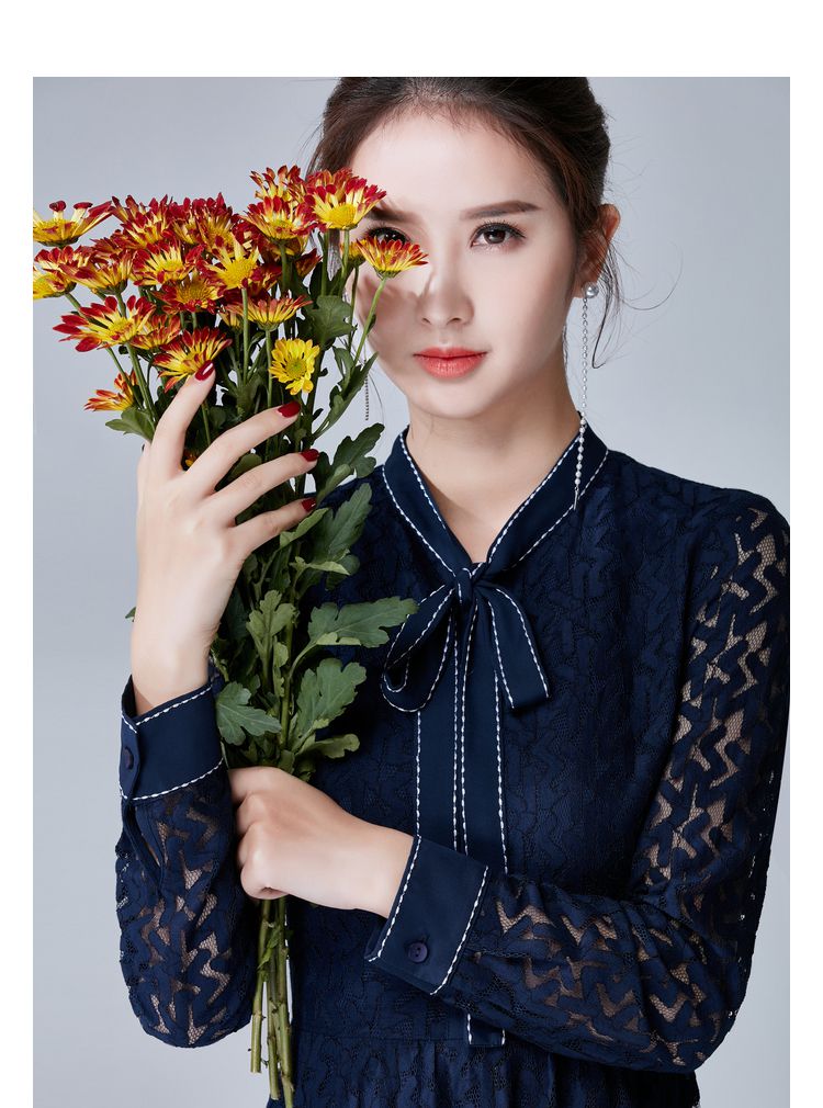 欧昵雪2018新款韩版时尚女装春秋季优雅名媛风淑女裙子百搭蝴蝶结甜美