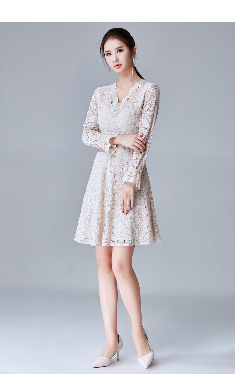 欧昵雪2018新款韩版时尚女装钩花镂空修身性感裙子春秋季百搭打底复古