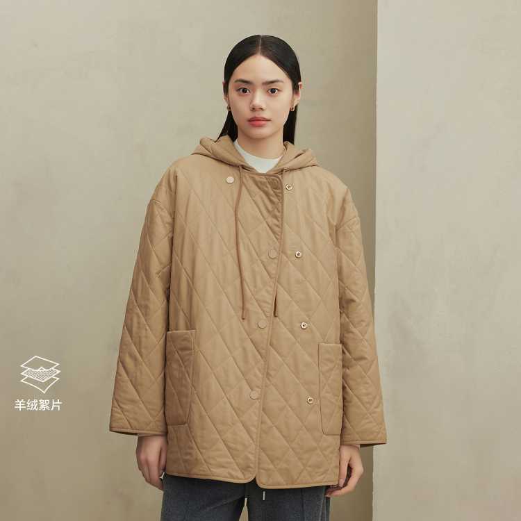 鄂尔多斯1980  秋冬圆领休闲口袋装饰中长款女棉服外套