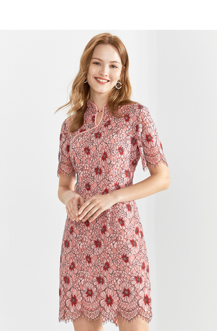 yiner音儿女装2020夏季新款小雏菊图案旗袍领蕾丝花边连衣裙