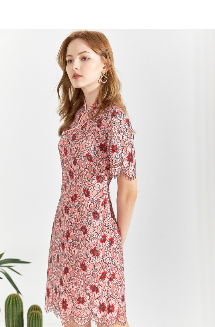 yiner音儿女装2020夏季新款小雏菊图案旗袍领蕾丝花边连衣裙