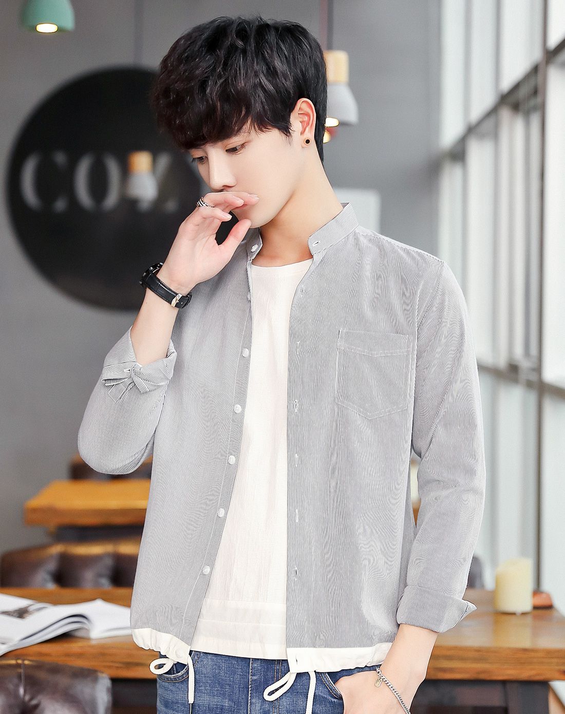 2018春装新品时尚休闲纯棉条纹下摆抽绳长袖男士衬衫