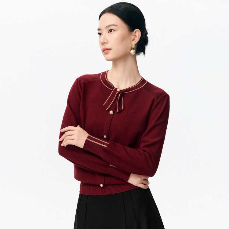 娜尔思 撞色蝴蝶结领带针织衫秋季柔软舒适上衣女