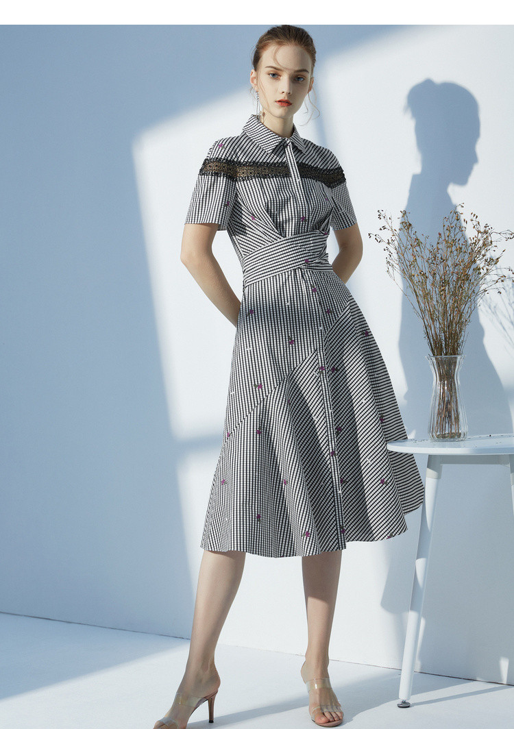 奈蔻新款格纹印花衬衫连衣裙女短袖收腰气质a字裙