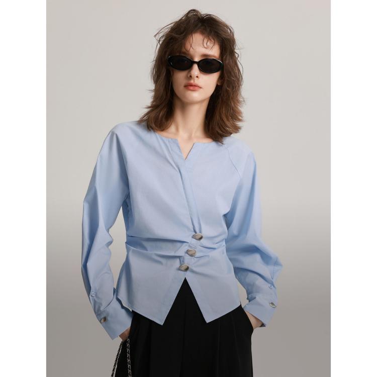 Elle V领女式衬衫2024年春季款优雅气质风腰间收褶设计 In Blue