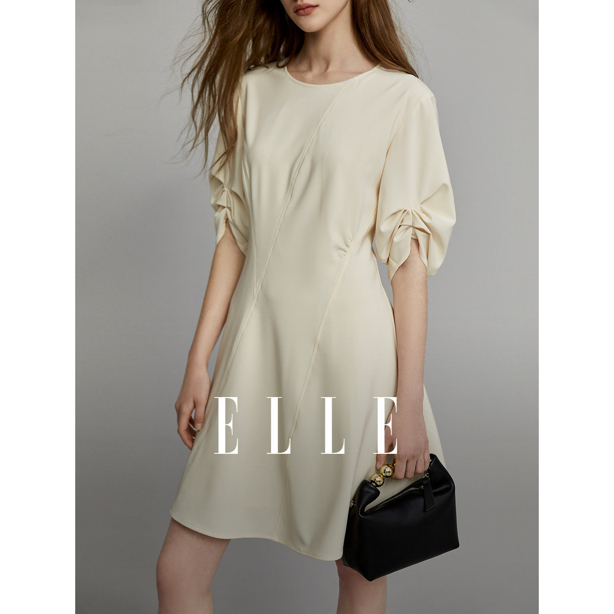 ELLE 她 2023夏季新款高腰显瘦宽松法式时尚风设计短袖连衣裙女