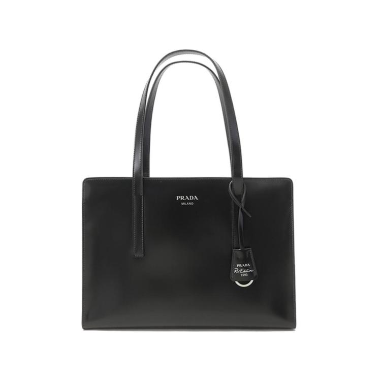 Prada 女士亮面皮革re-edition 1995中号手提包通勤包 In Black