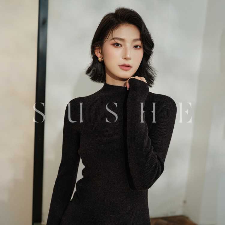 束皙 【100%羊毛】SUSHE秋冬上衣女百搭修身半高领毛衣针织衫