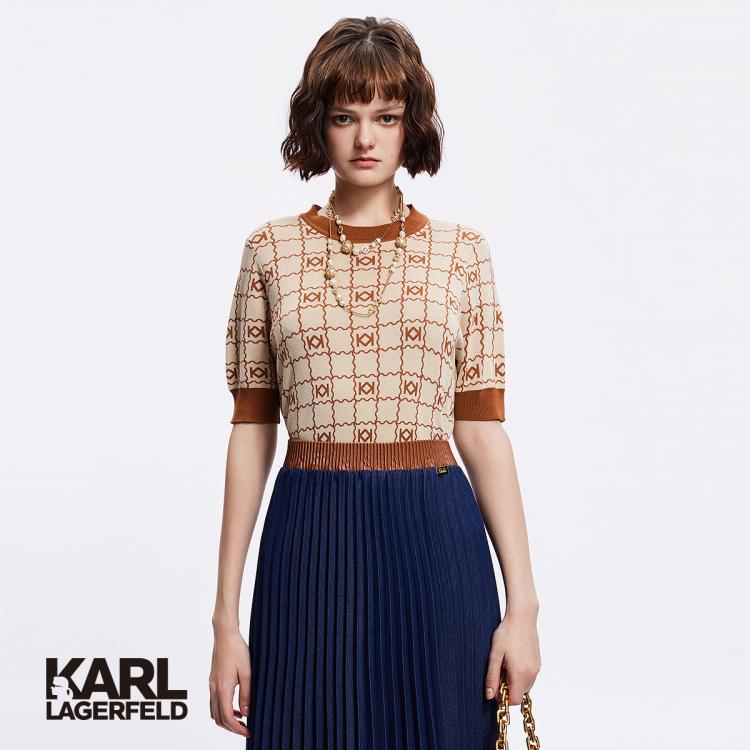 Karl Lagerfeld 【老佛爷】复古双k提花莱赛尔短袖女针织衫2024春夏 In Brown