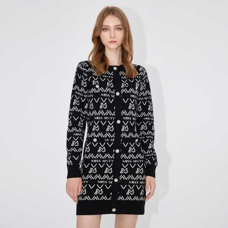 Miss Sixty 绵羊毛 秋季复古撞色花纹短款连衣裙女士小香风
