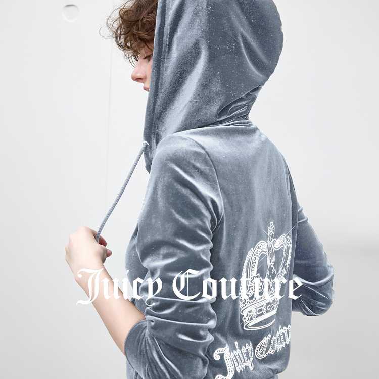 JUICY COUTURE 【四方立绒】橘滋墨色流光皇冠丝绒银丝刺绣烫钻连帽外套女
