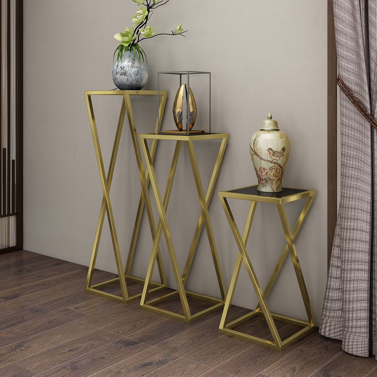 不锈钢电镀钛金客厅装饰架 花架 新中式高中低盆景架置物架