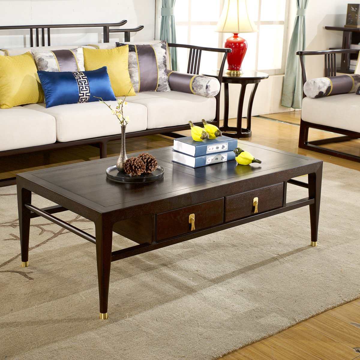 凯哲家具旗舰店进口沙比利木 全实木沙发布艺沙发布沙发组合 新中式