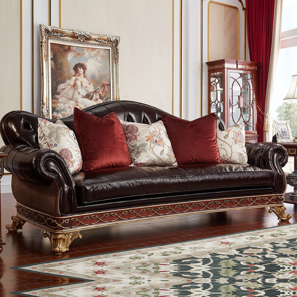 欧式全实木做旧头层牛皮沙发客厅整套大户型英式宫廷别墅实木沙发