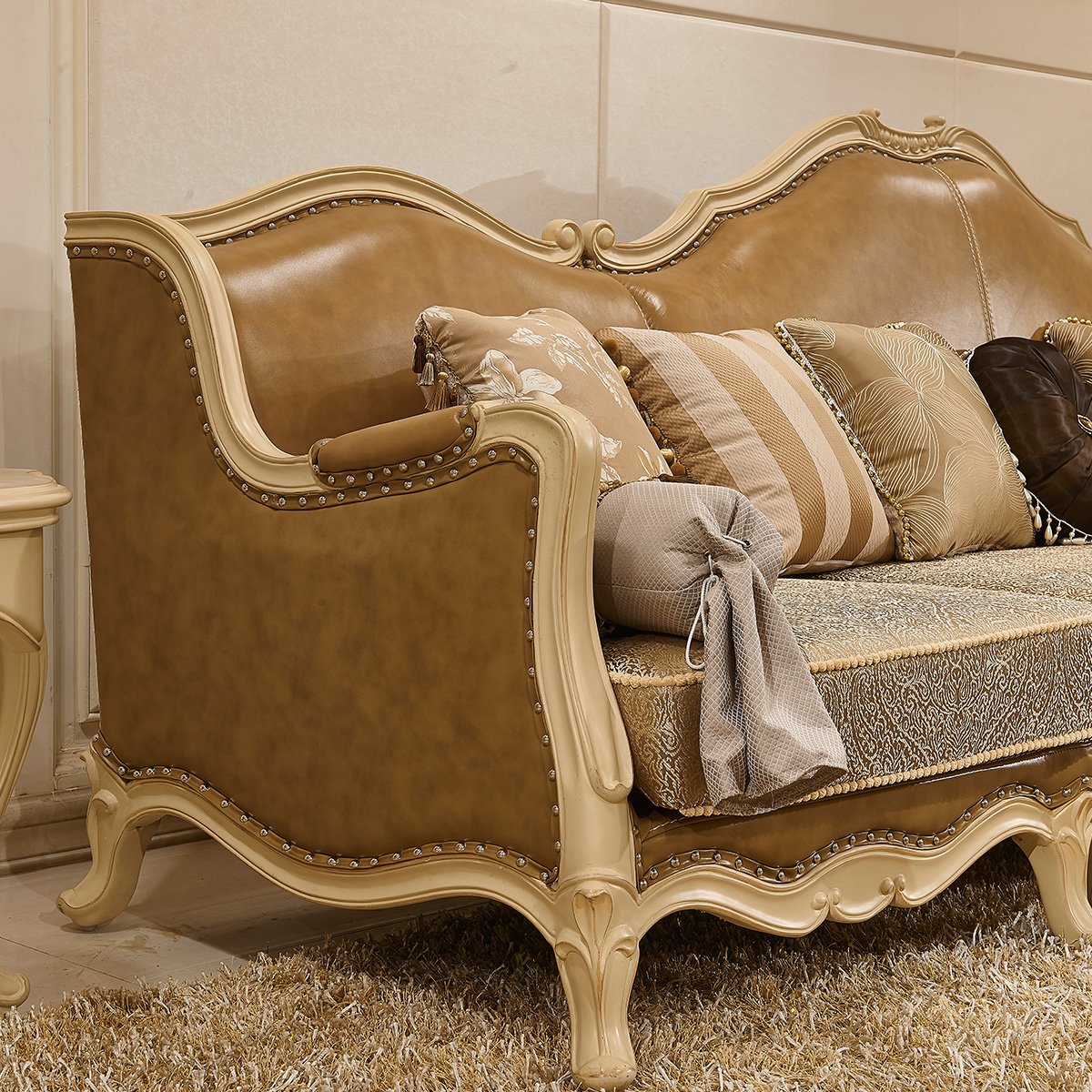 欧式复古实木雕花皮布组合沙发美式大中户型客厅转角沙发