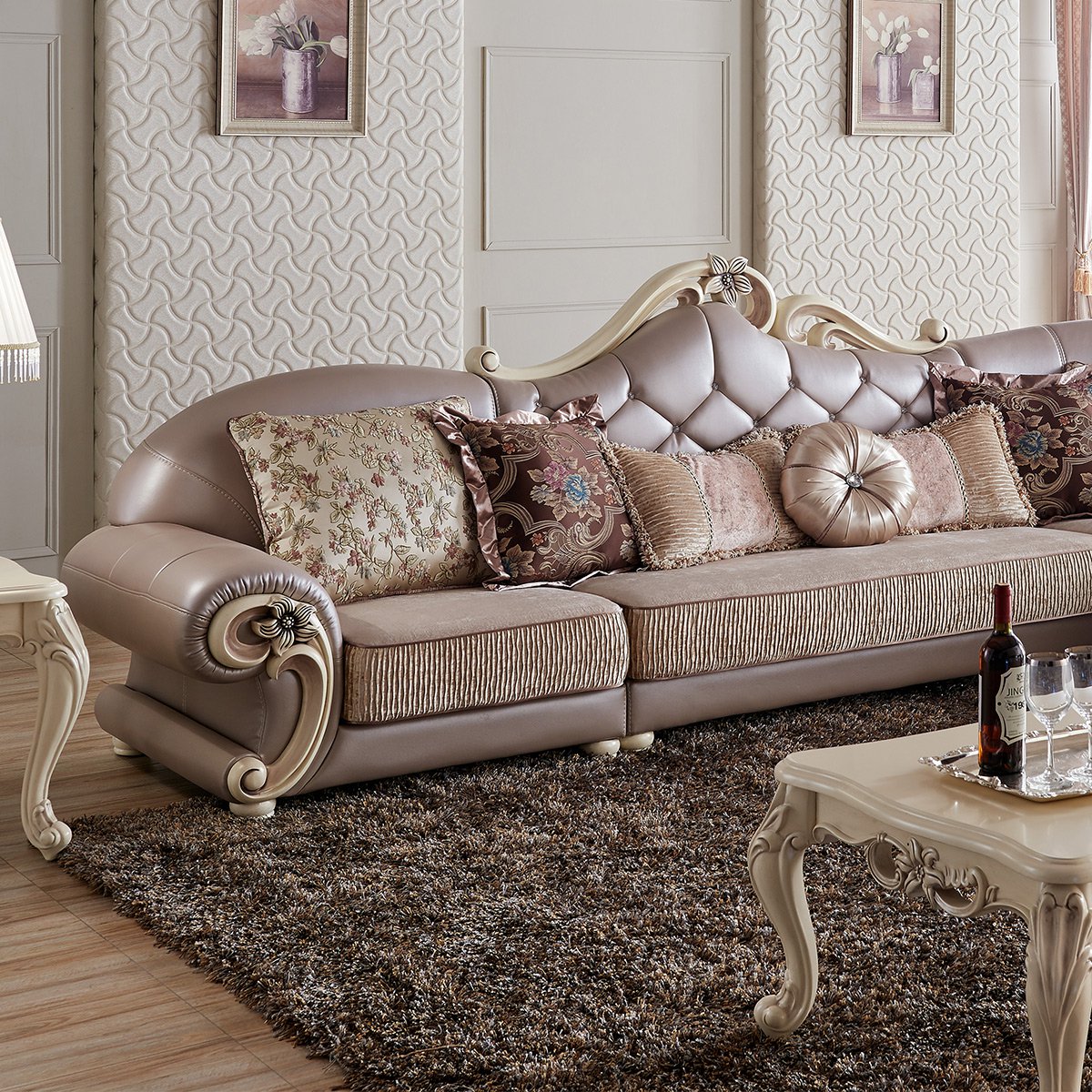 欧式复古实木雕花皮布沙发客厅中小户型仿古转角沙发