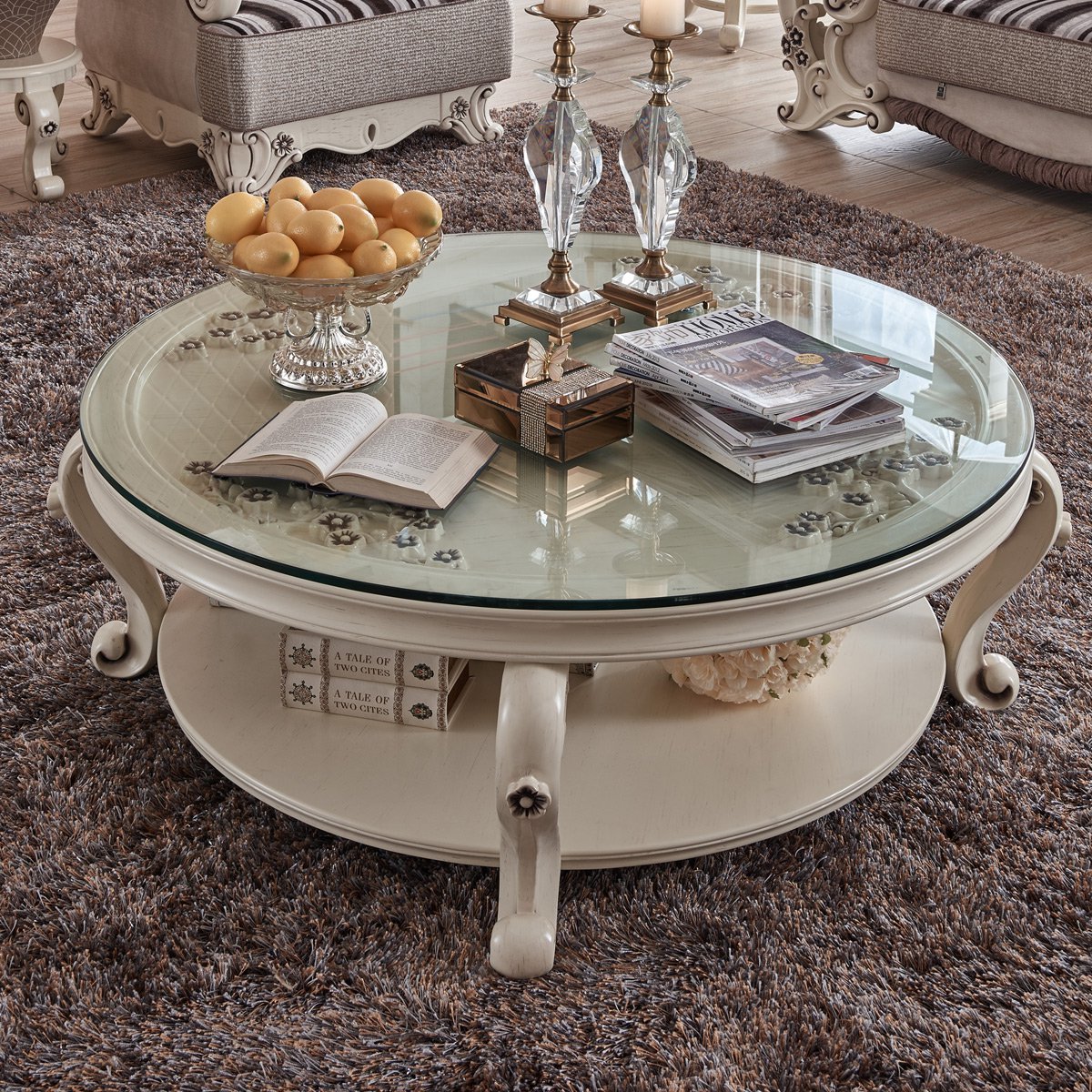 欧式复古实木雕花圆形茶几客厅仿古白做旧工艺个性创意茶几