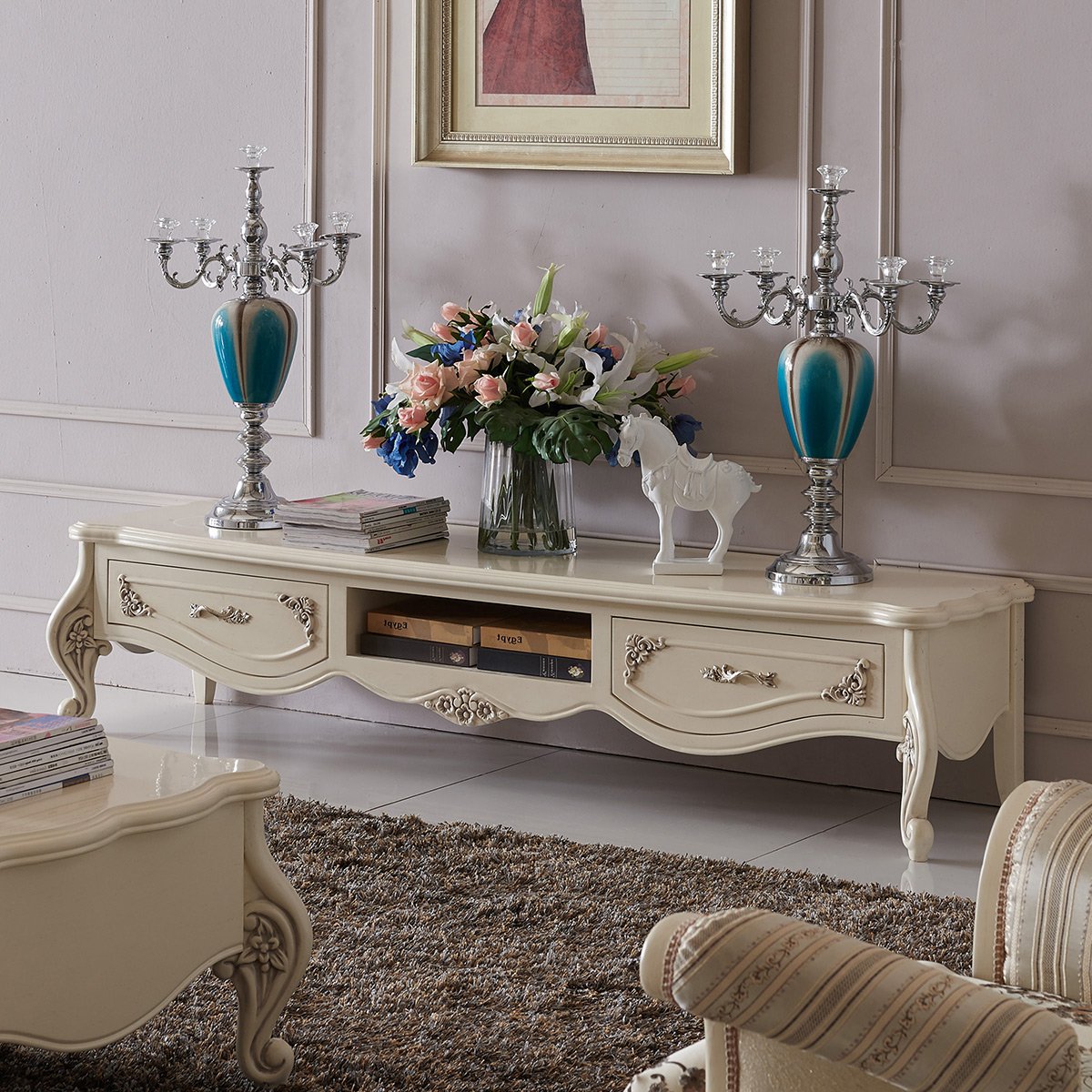 梦美斯宣家具旗舰店欧式复古实木雕花地柜美式客厅做旧工艺储物电视柜