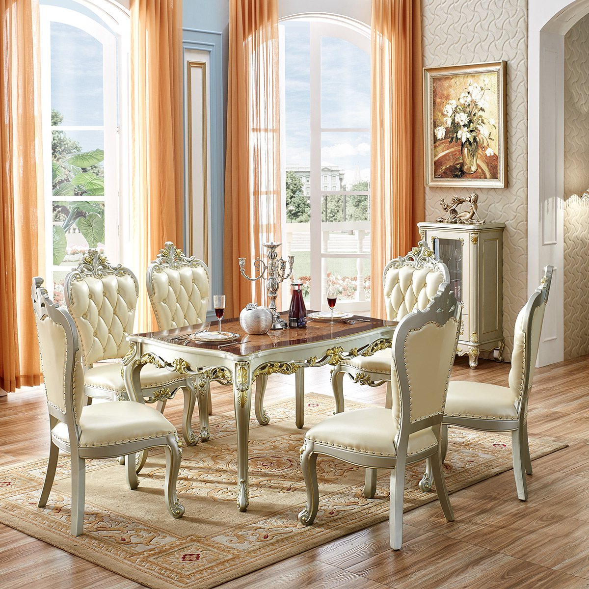 欧式香槟银实木雕花餐桌餐椅组合美式餐厅吃饭桌子实木餐桌