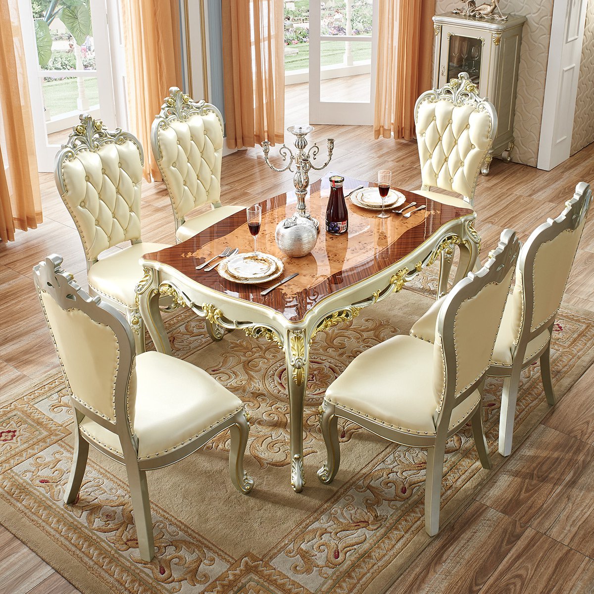 欧式香槟银实木雕花餐桌餐椅组合美式餐厅吃饭桌子实木餐桌
