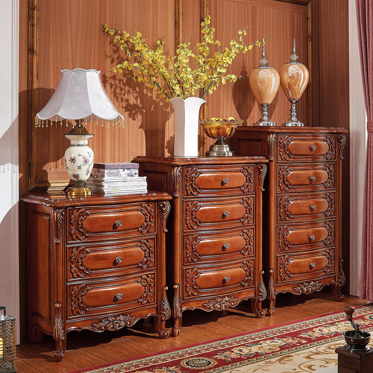 美式实木框架储物柜别墅客厅实木雕花欧式三斗柜实木四斗柜五斗柜