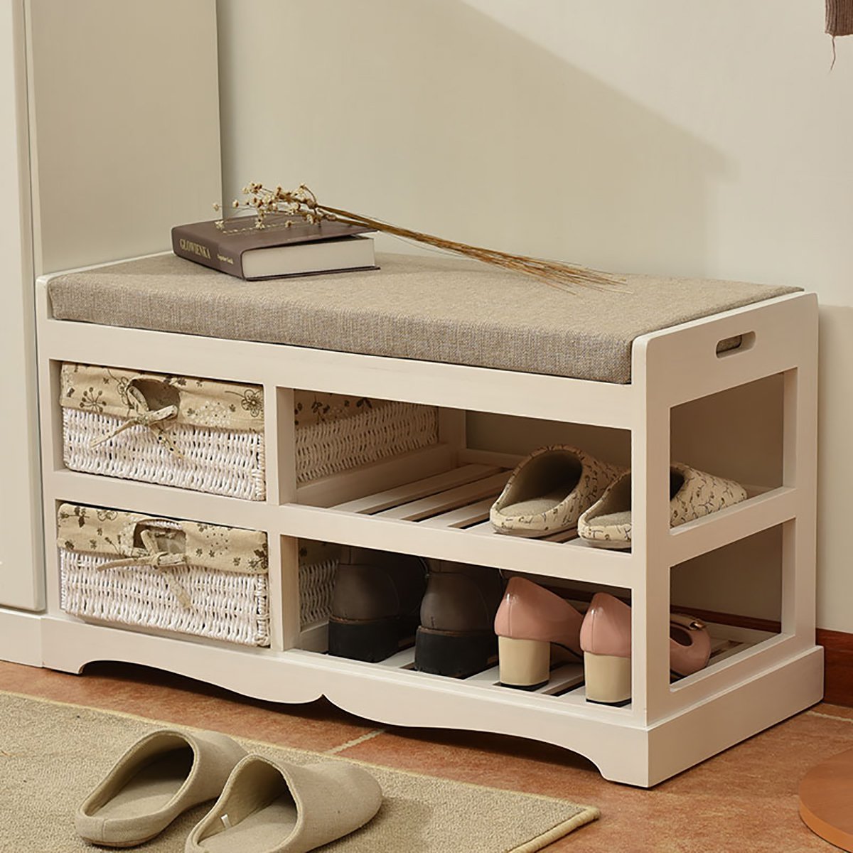 换鞋凳鞋架实木简约现代布艺收纳储物凳子玄关门厅换鞋凳实木鞋柜鞋架
