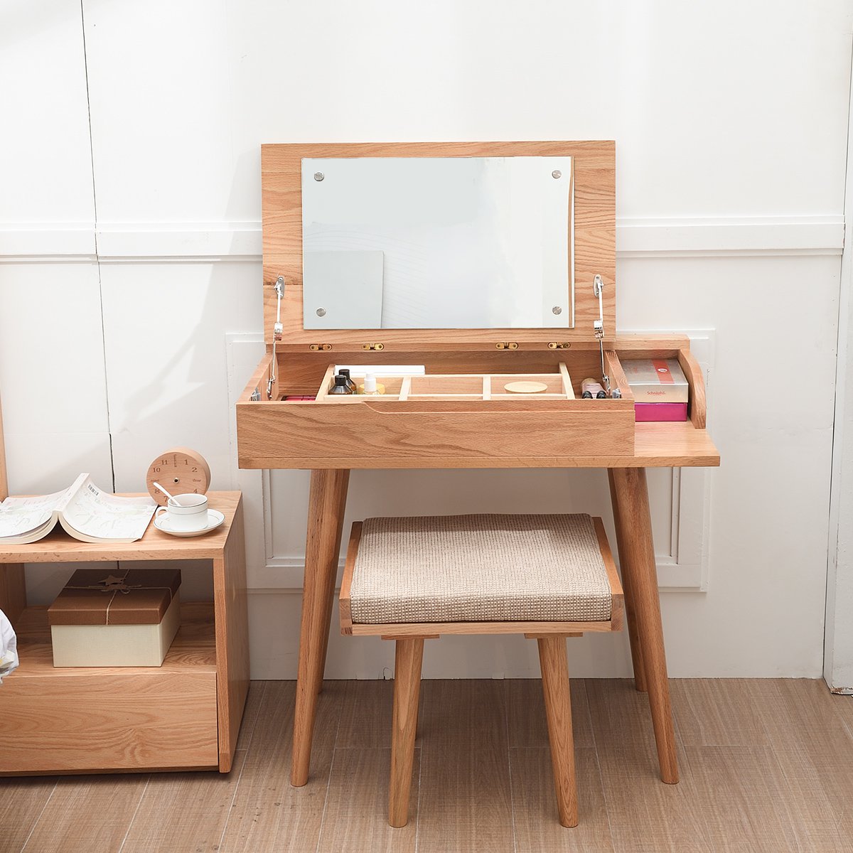 实木梳妆台卧室妆台翻盖现代简约橡木化妆柜梳妆柜梳妆桌简约梳妆台