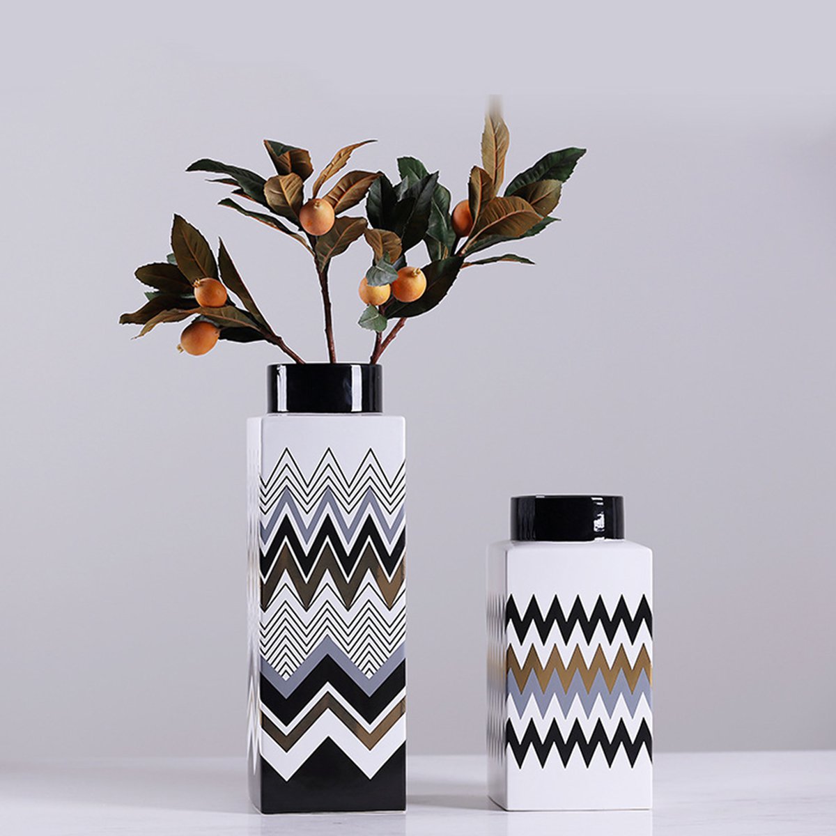 波浪线黑白线条陶瓷花瓶3件套 简约现代酒店客厅插花欧式摆件