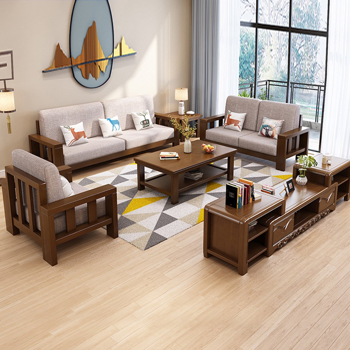 新中式全实木沙发组合 现代简约布艺沙发客厅三人位纯实木家具