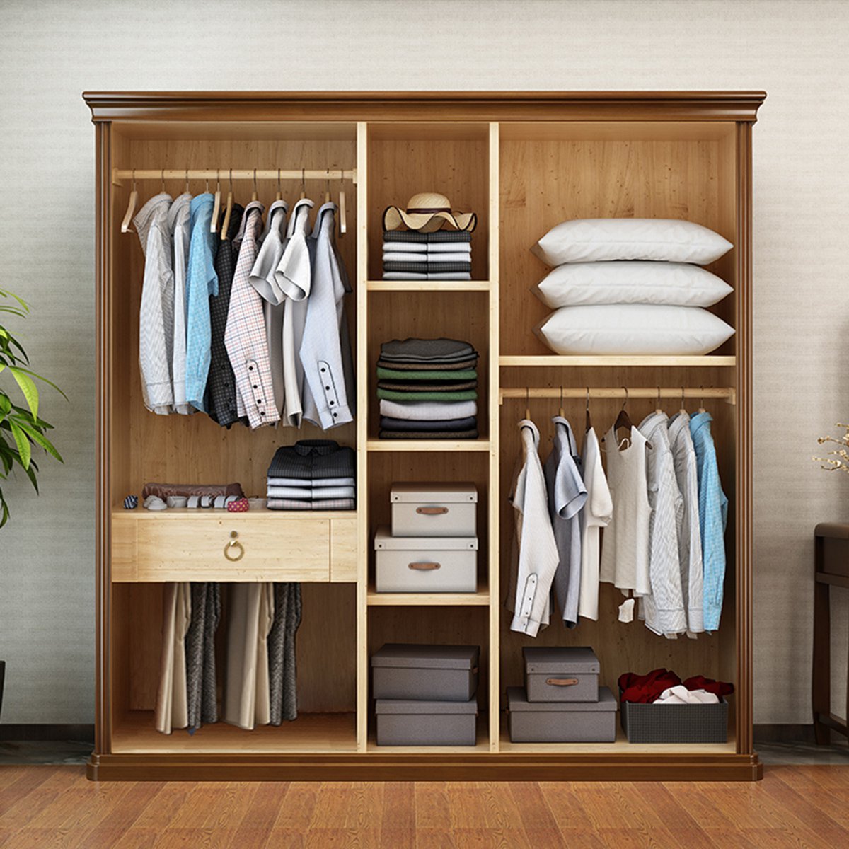 简约现代新中式实木衣柜橡胶木组装对开门加顶3 4 5 6 门卧室衣橱
