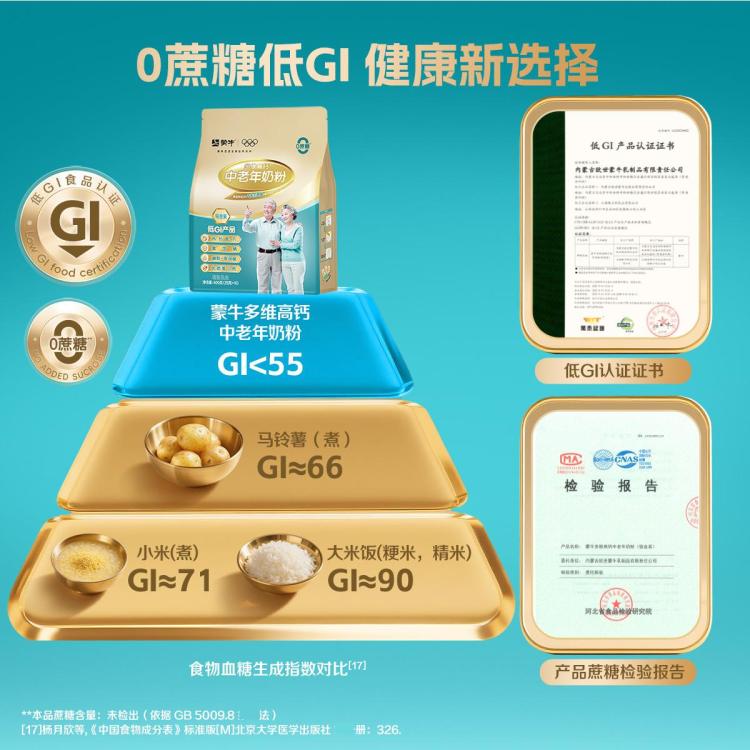 蒙牛 【0蔗糖】新国标铂金装蒙牛多维高钙中老年奶粉400g/袋送礼送长辈