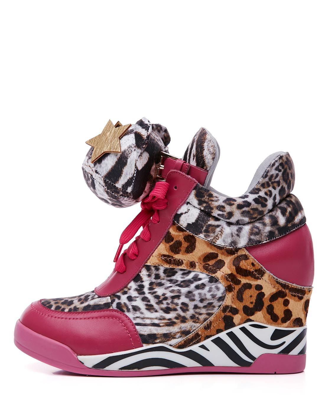 kiss kitty女鞋专场 15年新款玫红色牛皮/杏色豹纹织物休闲鞋