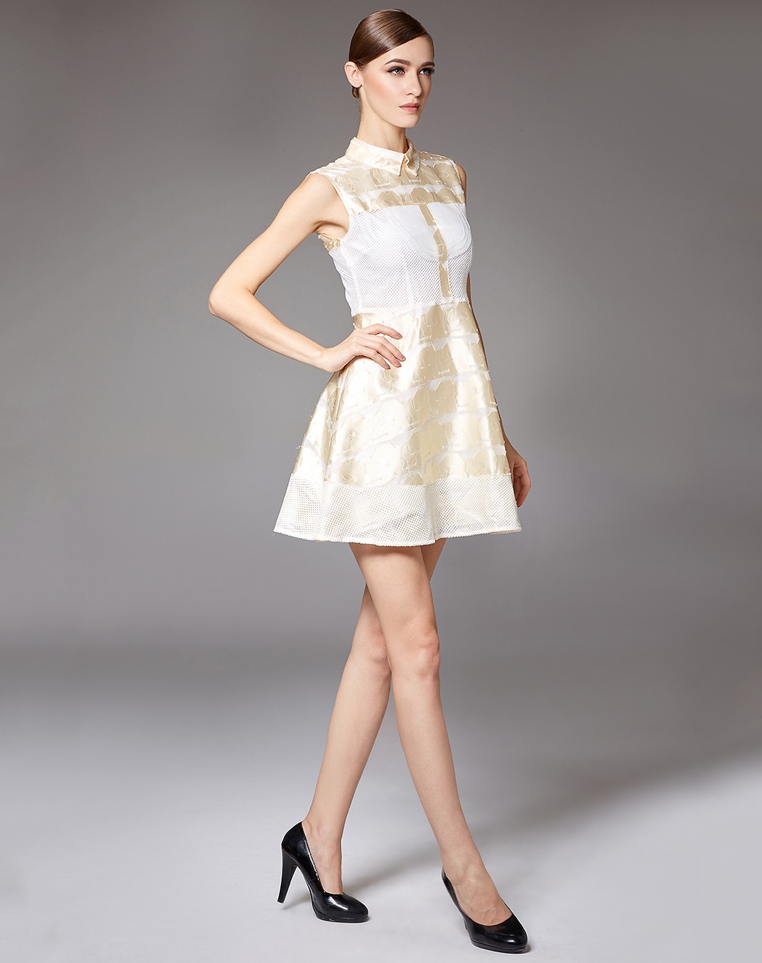 白金色无袖通勤ol风拼接修身提花连衣裙