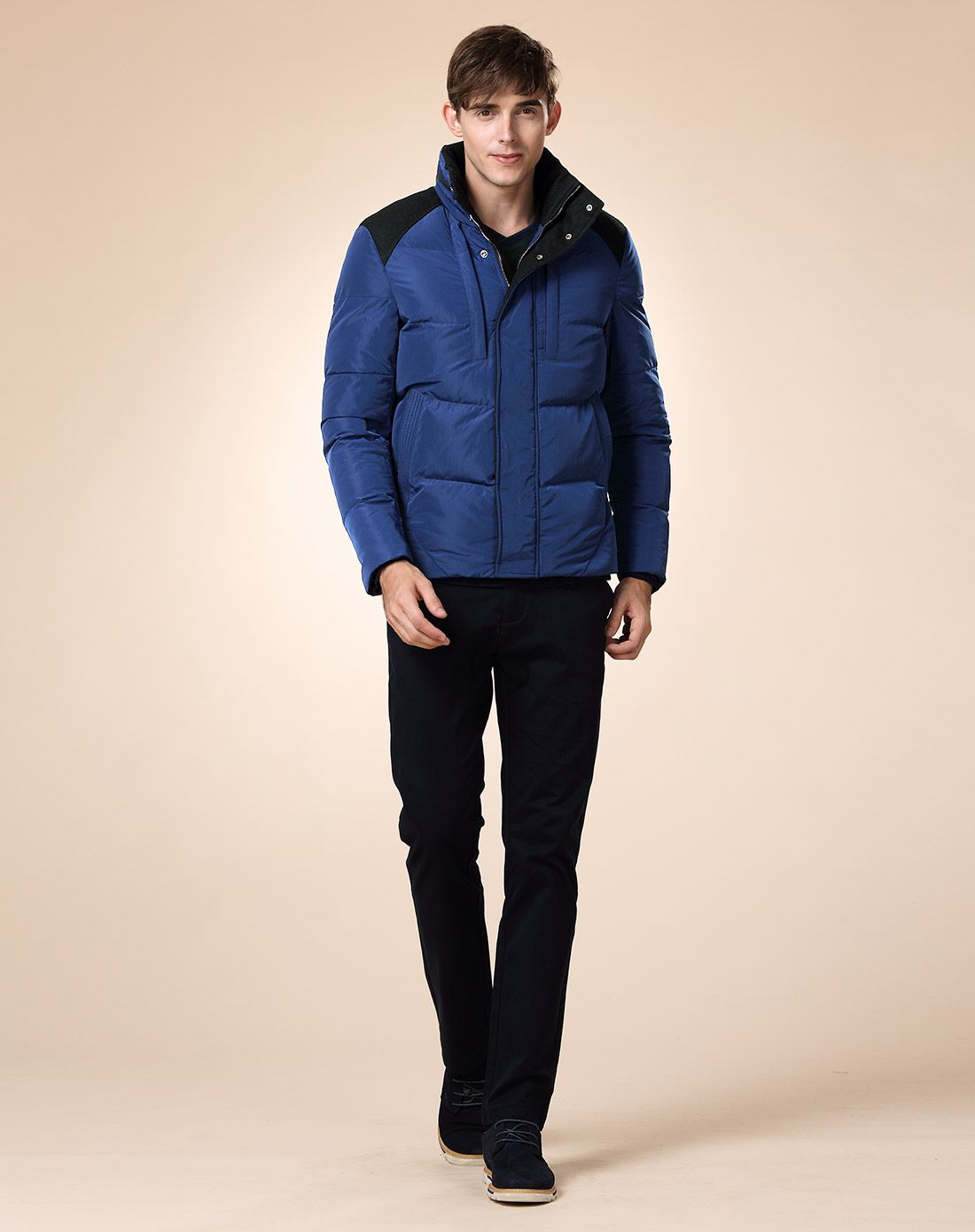 时尚防寒保暖拼接 男款深蓝色长袖棉服
