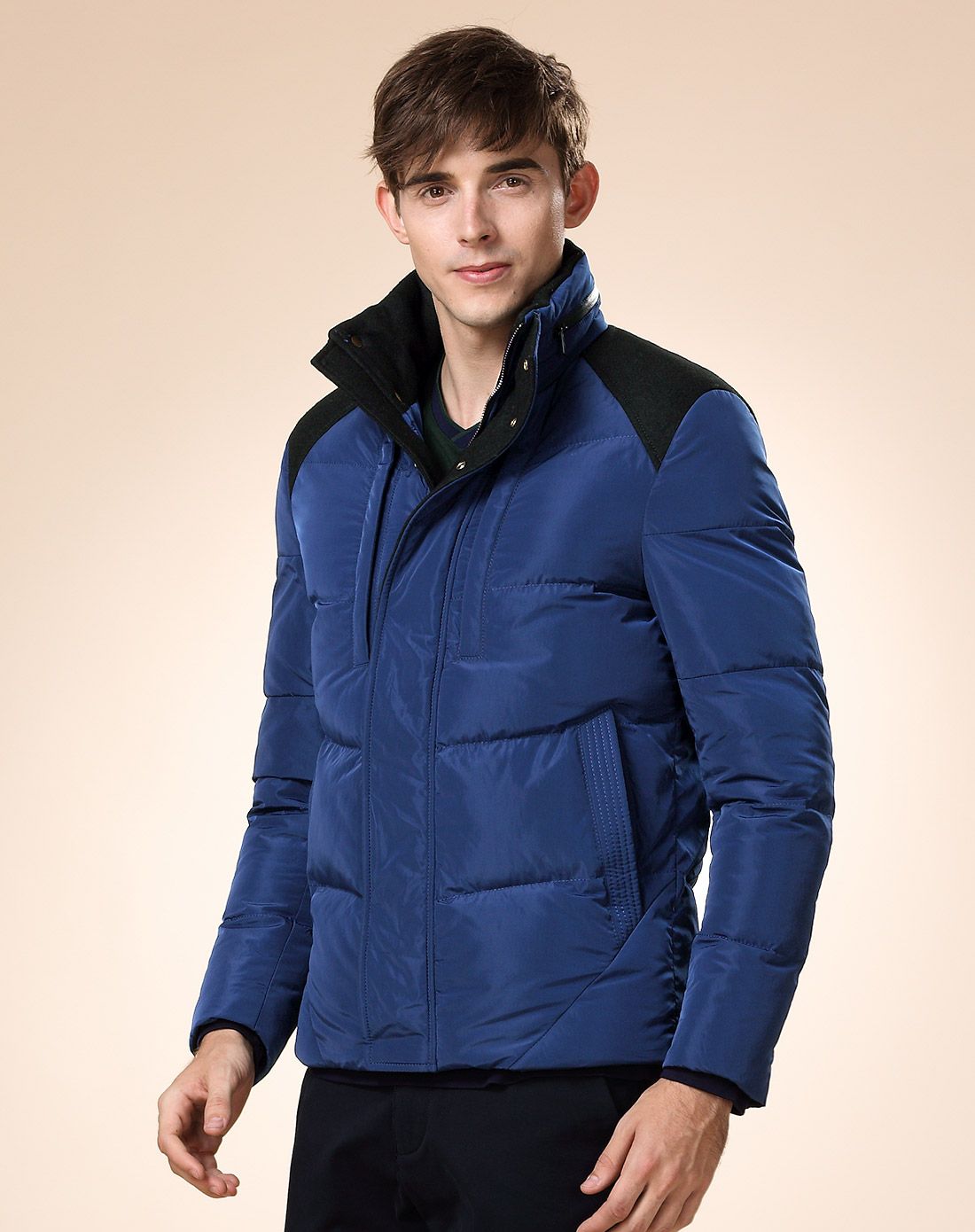 时尚防寒保暖拼接 男款深蓝色长袖棉服