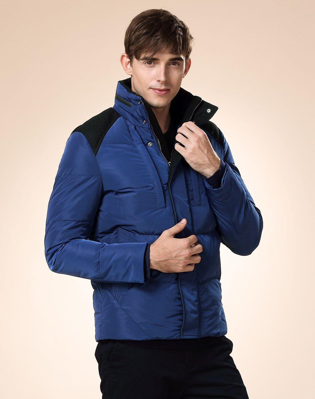 时尚防寒保暖拼接 男款深蓝色长袖棉服