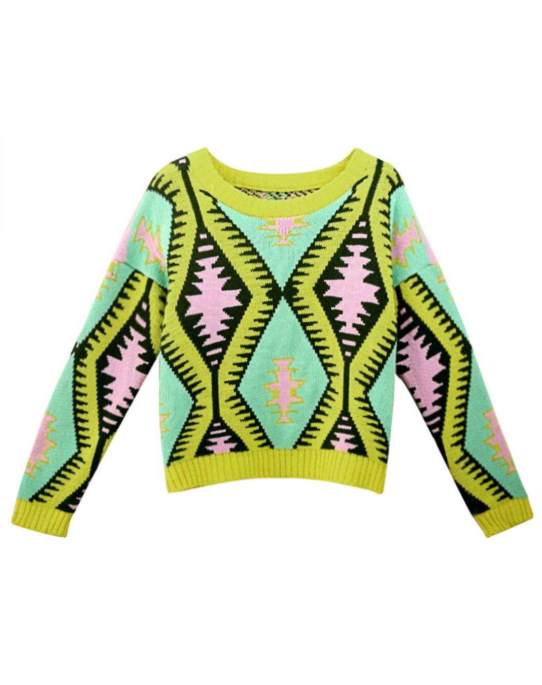 黄绿色 午后24度 菱形花纹撞色复古毛衣