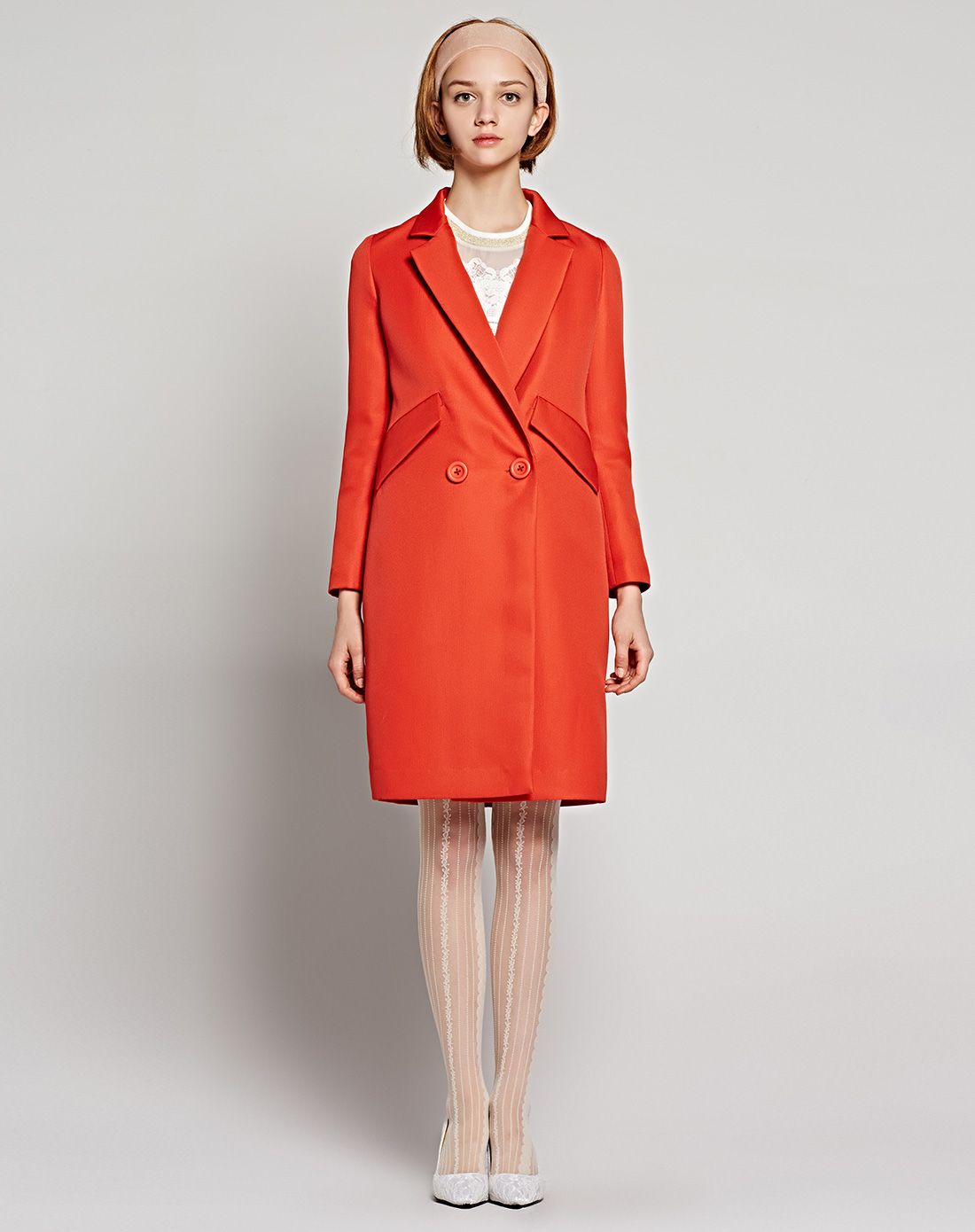 橘红色翻领纯色修身长款西装外套