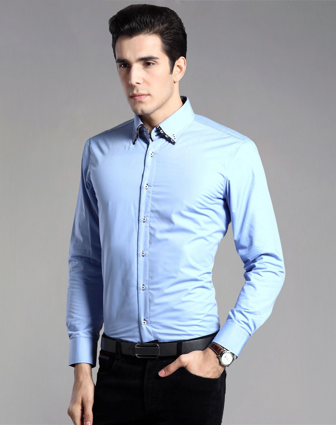 蓝色全棉加绒双层领领尖扣圆摆商务保暖衬衫