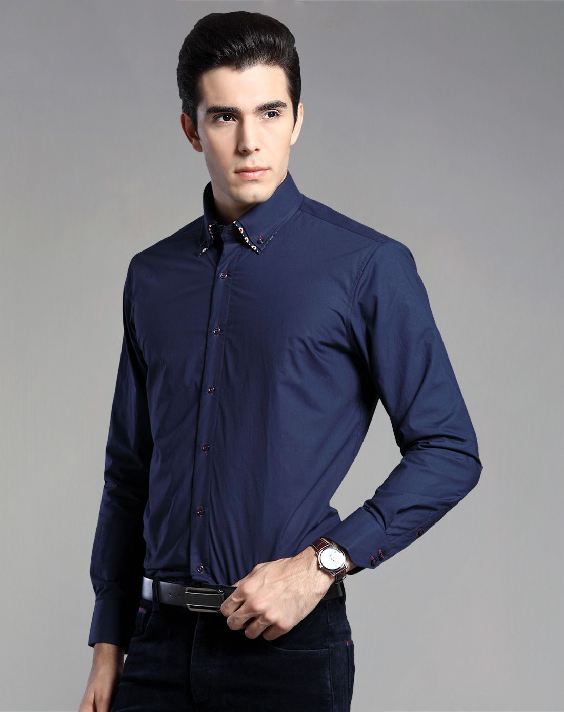 藏青色全棉加绒双层领领尖扣圆摆商务保暖衬衫