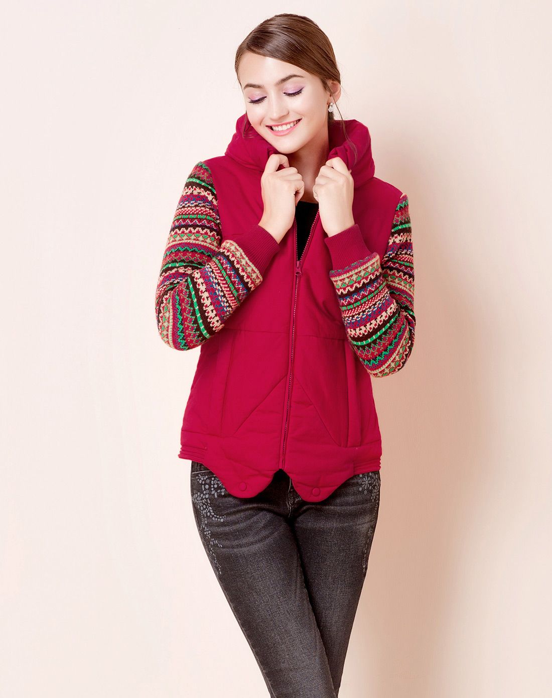 艾蓓怡ibelieveyou女装特惠专场民族文艺修身显瘦提花拉链高领棉衣vo