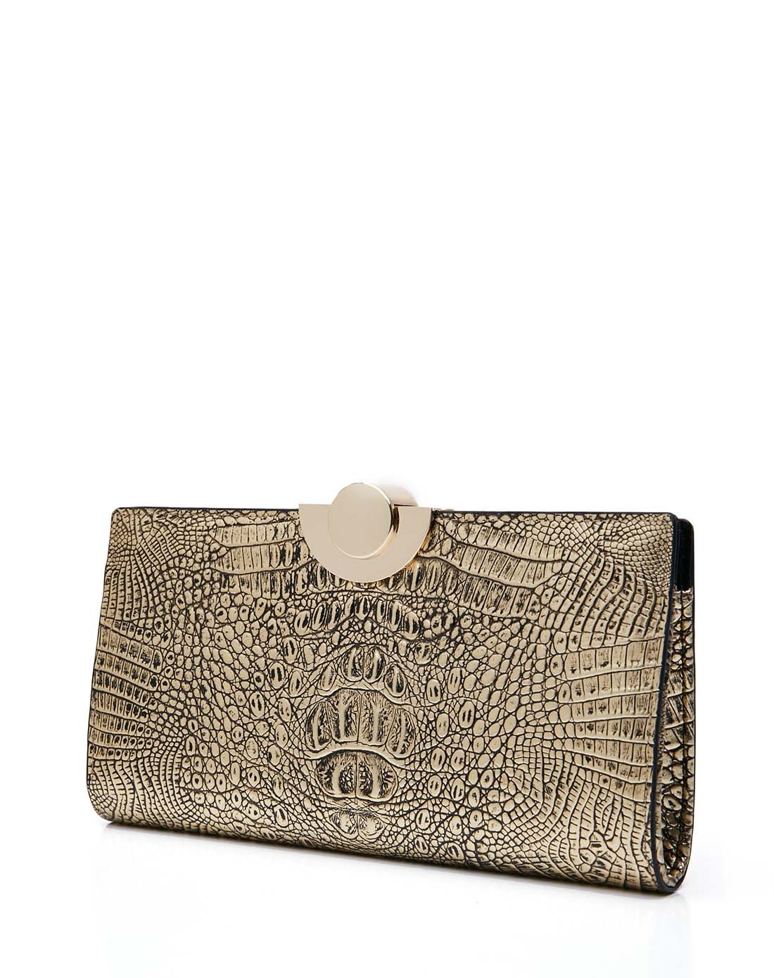 金色鳄鱼纹牛剖层皮革手拿包