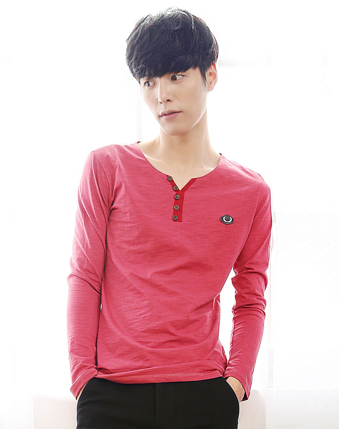 男玫红色竹节棉弹性休闲打底长袖t恤