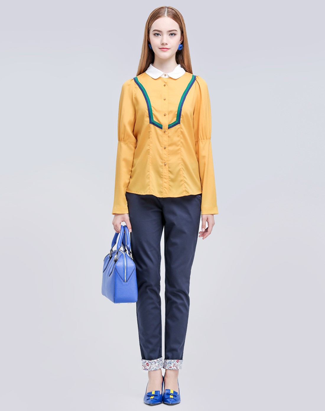 优雅时尚稻草黄色长袖上衣