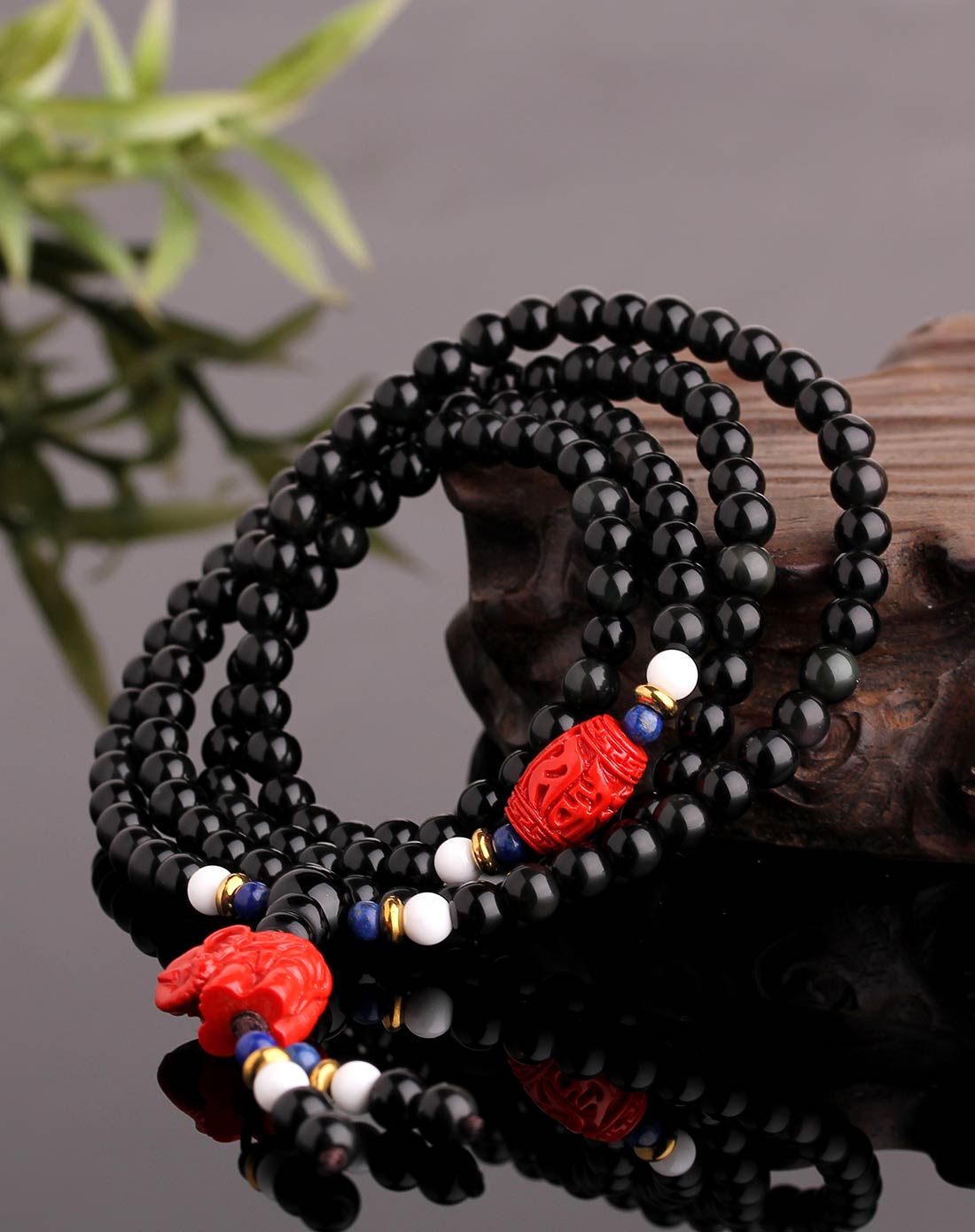 福缘3a级天然黑曜夹砗磲朱砂手链四圈