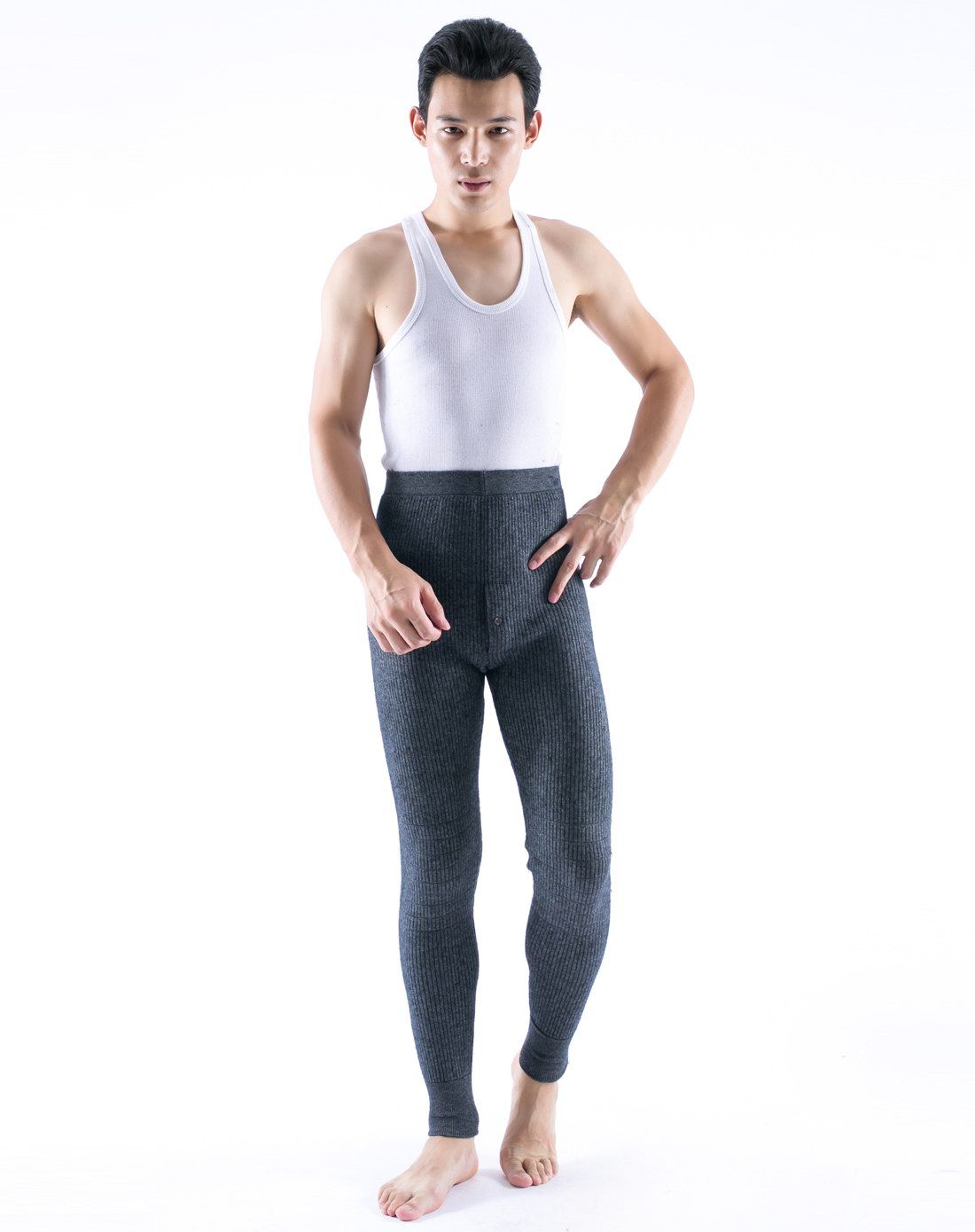 深灰色男士竖纹羊绒打底裤
